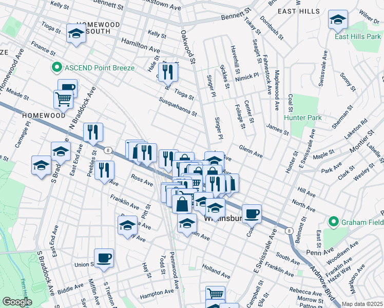 map of restaurants, bars, coffee shops, grocery stores, and more near 517 Fountain Way in Pittsburgh