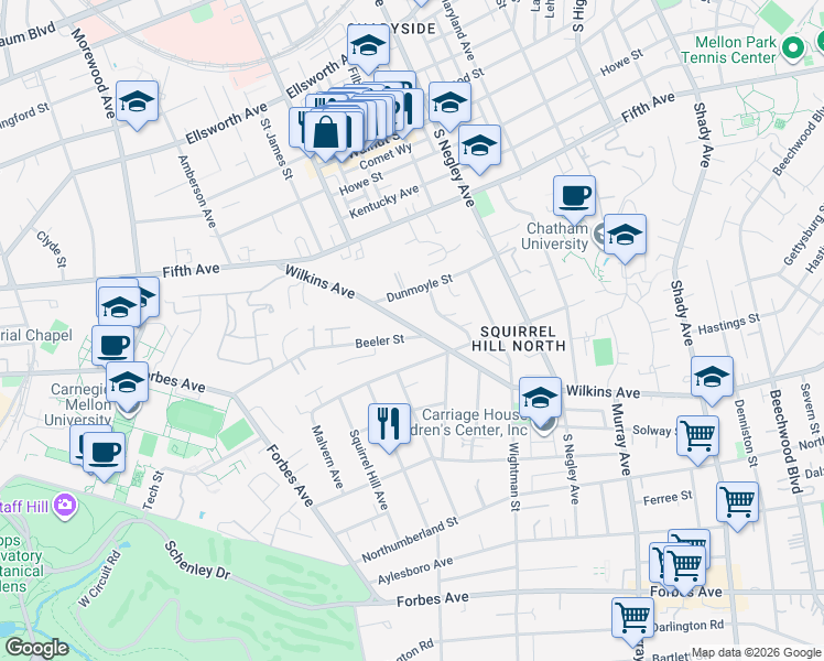 map of restaurants, bars, coffee shops, grocery stores, and more near 5442 Wilkins Avenue in Pittsburgh