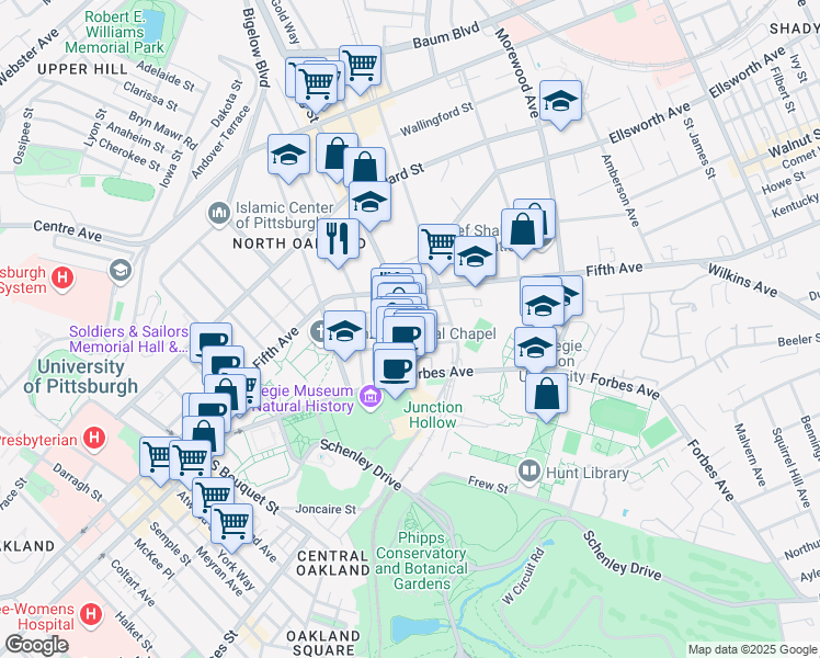 map of restaurants, bars, coffee shops, grocery stores, and more near 209 South Craig Street in Pittsburgh