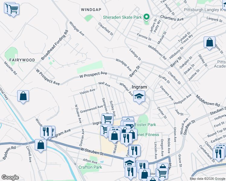 map of restaurants, bars, coffee shops, grocery stores, and more near 115 Evans Avenue in Pittsburgh