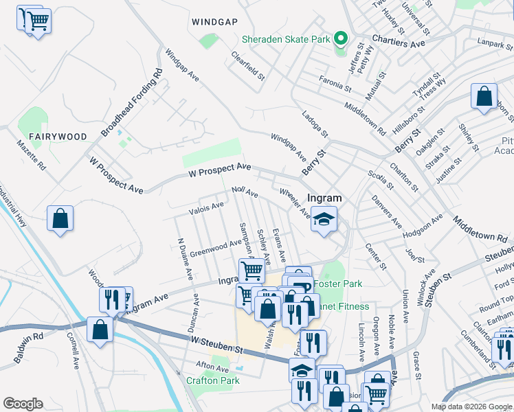 map of restaurants, bars, coffee shops, grocery stores, and more near 115 Evans Avenue in Pittsburgh