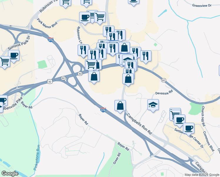 map of restaurants, bars, coffee shops, grocery stores, and more near 6011 Campbells Run Road in Pittsburgh