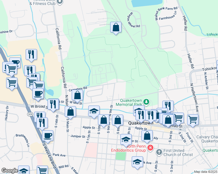 map of restaurants, bars, coffee shops, grocery stores, and more near 140 North 9th Street in Quakertown