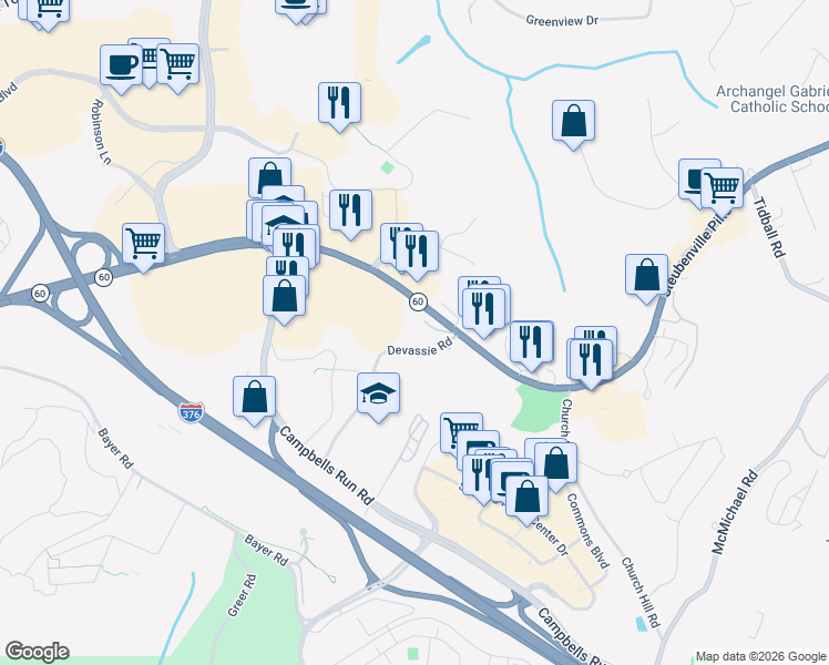 map of restaurants, bars, coffee shops, grocery stores, and more near 12 Devassie Road in McKees Rocks