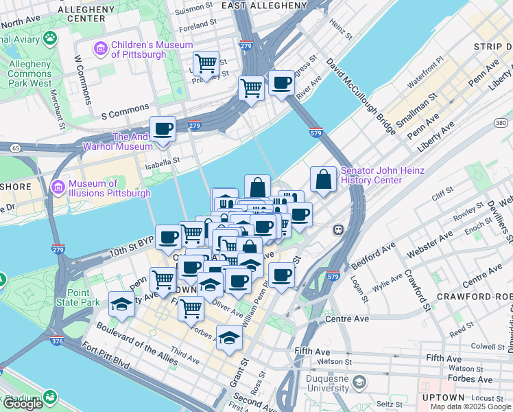 map of restaurants, bars, coffee shops, grocery stores, and more near 960 Fort Duquesne Boulevard in Pittsburgh