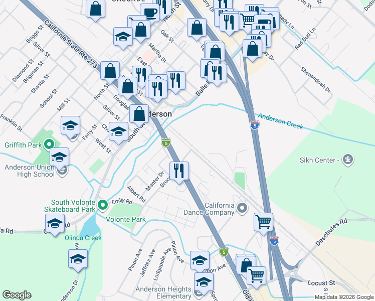 map of restaurants, bars, coffee shops, grocery stores, and more near 2646 Barney Rd in Anderson
