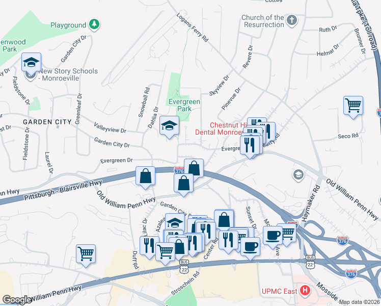 map of restaurants, bars, coffee shops, grocery stores, and more near 3907 Barbara Ann Dr in Monroeville