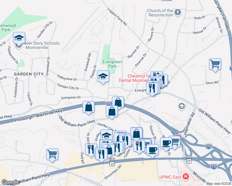 map of restaurants, bars, coffee shops, grocery stores, and more near 3907 Barbara Ann Drive in Monroeville