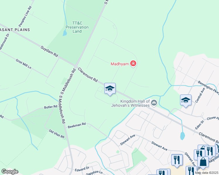 map of restaurants, bars, coffee shops, grocery stores, and more near 164 Claremont Road in Franklin Township