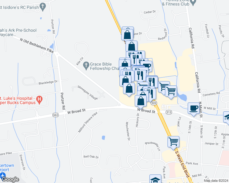 map of restaurants, bars, coffee shops, grocery stores, and more near in Quakertown