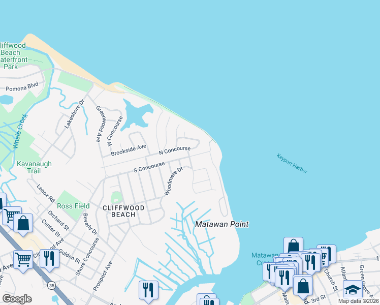 map of restaurants, bars, coffee shops, grocery stores, and more near 987 North Concourse in Keyport