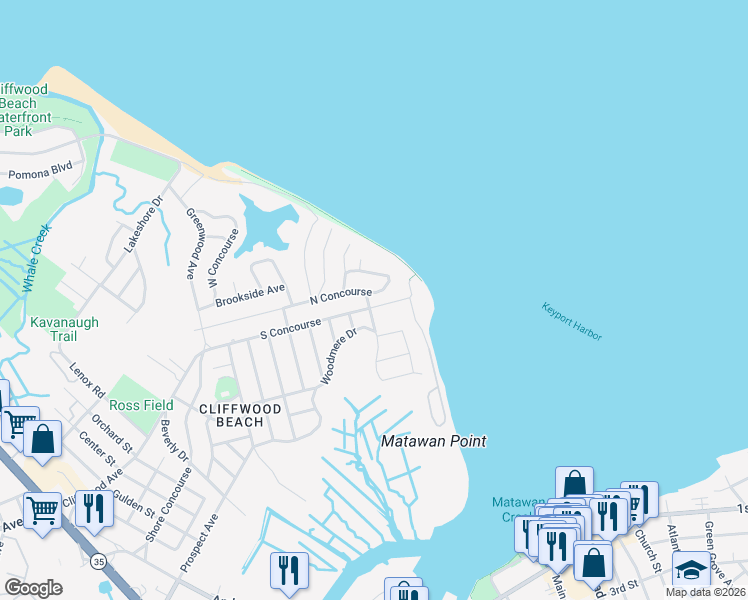 map of restaurants, bars, coffee shops, grocery stores, and more near 987 North Concourse in Keyport