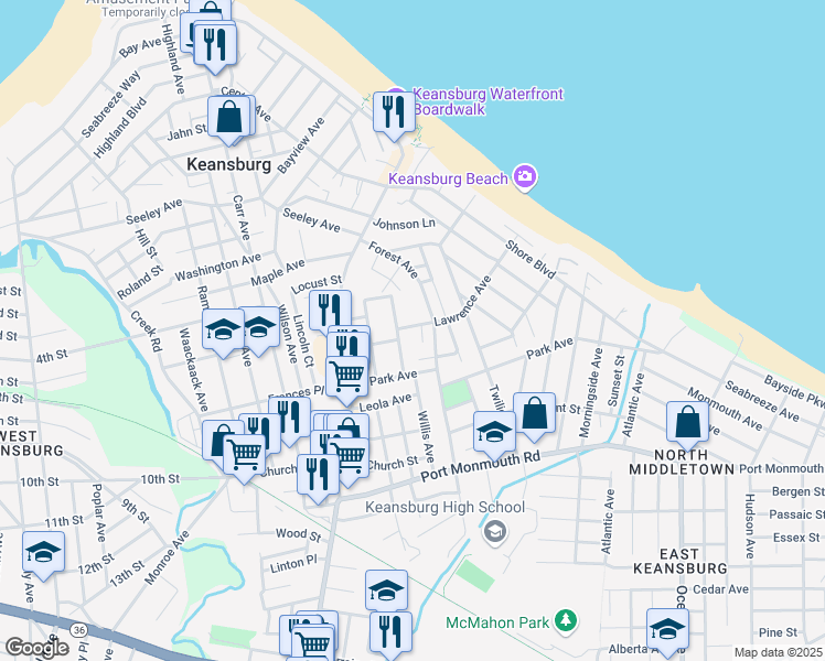 map of restaurants, bars, coffee shops, grocery stores, and more near 114 Lawrence Avenue in Keansburg