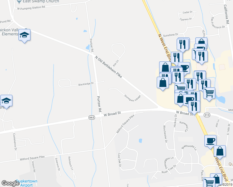 map of restaurants, bars, coffee shops, grocery stores, and more near 58 Stonegate Village in Quakertown