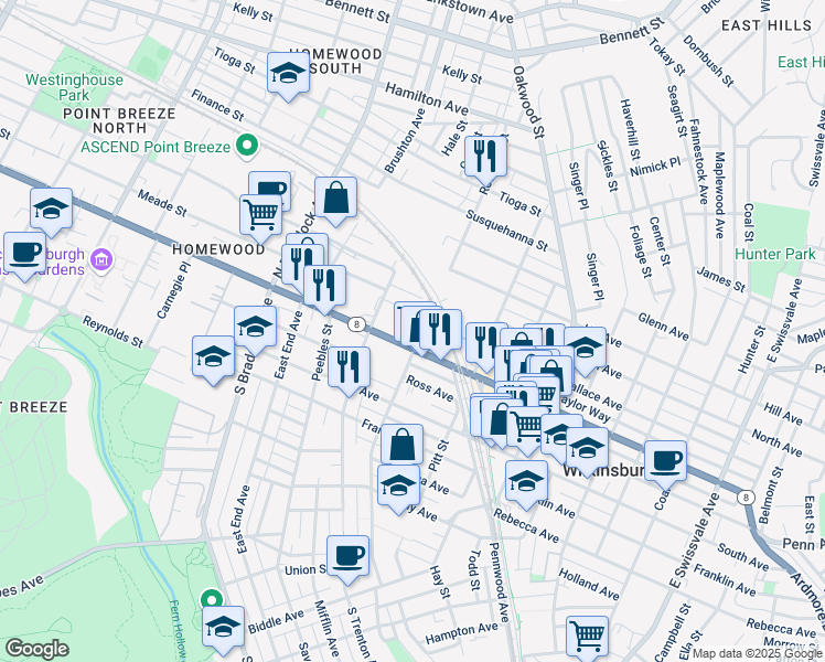 map of restaurants, bars, coffee shops, grocery stores, and more near 333 Penn Avenue in Pittsburgh