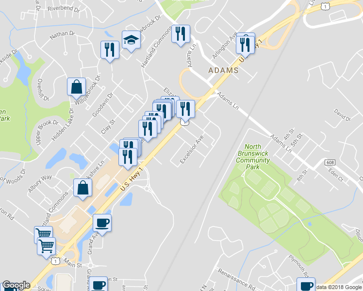 map of restaurants, bars, coffee shops, grocery stores, and more near 2123 Truman Place in North Brunswick