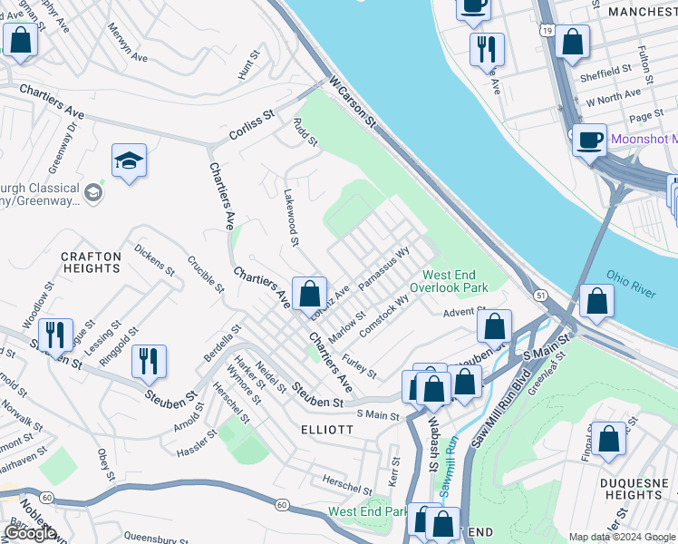 map of restaurants, bars, coffee shops, grocery stores, and more near 1017 Uvilla Street in Pittsburgh
