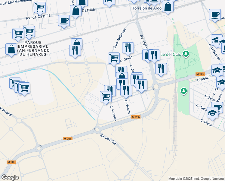 map of restaurants, bars, coffee shops, grocery stores, and more near 17 Carretera de Mejorada in Torrejón de Ardoz