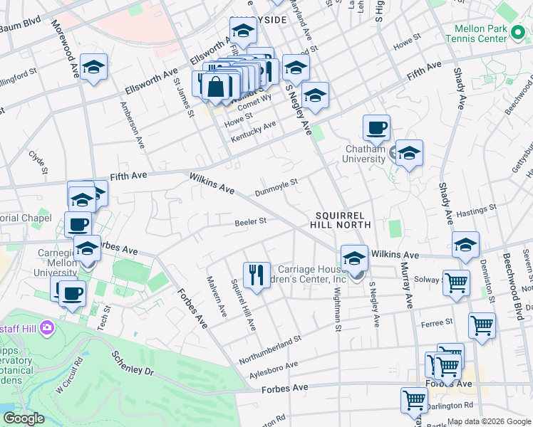 map of restaurants, bars, coffee shops, grocery stores, and more near 5442 Wilkins Avenue in Pittsburgh