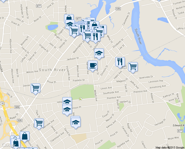 map of restaurants, bars, coffee shops, grocery stores, and more near in South River