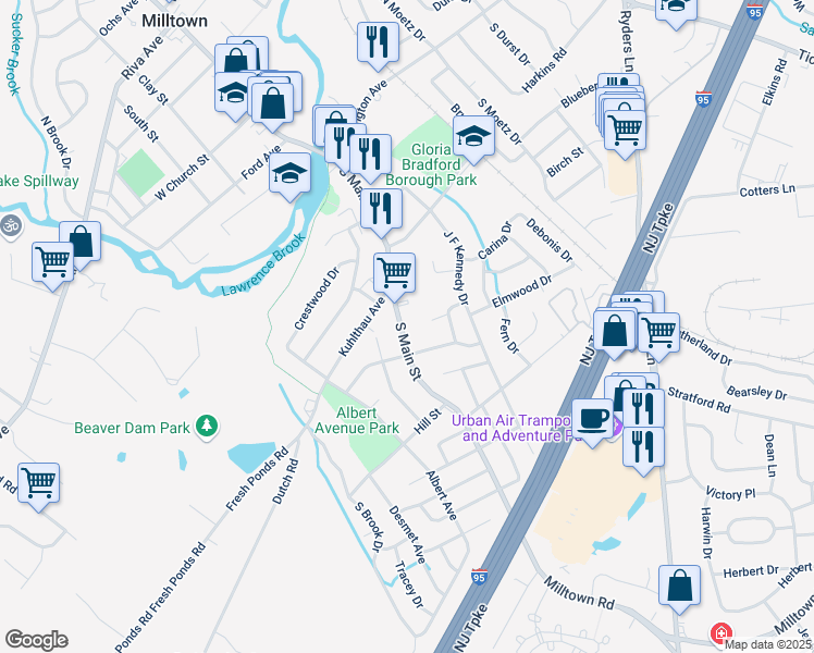 map of restaurants, bars, coffee shops, grocery stores, and more near 177 South Main Street in Milltown
