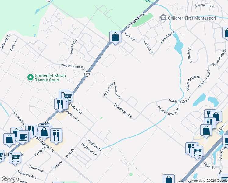 map of restaurants, bars, coffee shops, grocery stores, and more near 1324 Aaron Road in North Brunswick Township
