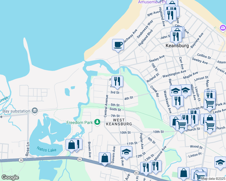 map of restaurants, bars, coffee shops, grocery stores, and more near 51 3rd St in Keansburg