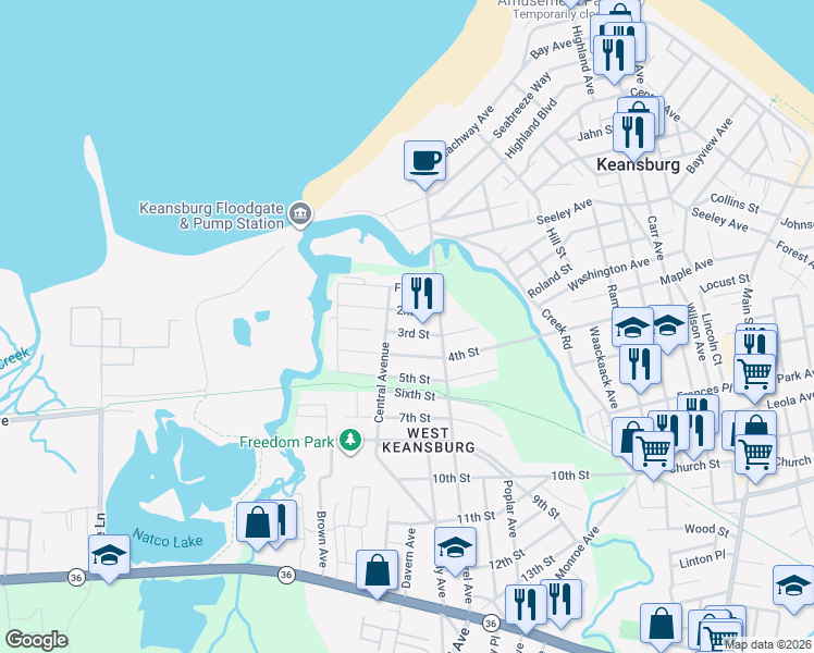map of restaurants, bars, coffee shops, grocery stores, and more near 51 3rd Street in Keansburg