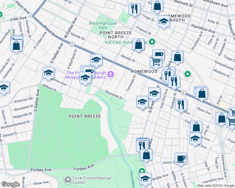 map of restaurants, bars, coffee shops, grocery stores, and more near 7311 Reynolds Street in Pittsburgh