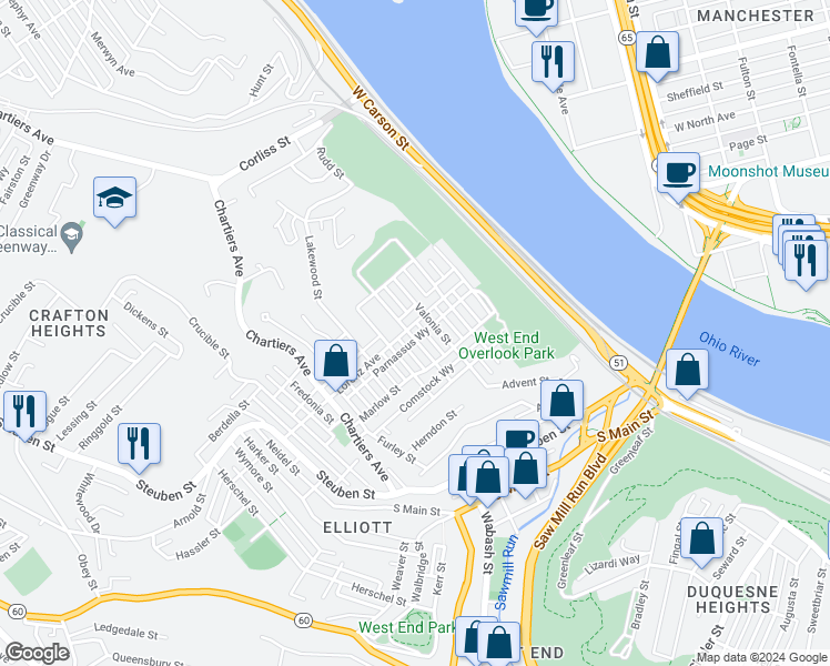 map of restaurants, bars, coffee shops, grocery stores, and more near 409 Lorenz Avenue in Pittsburgh