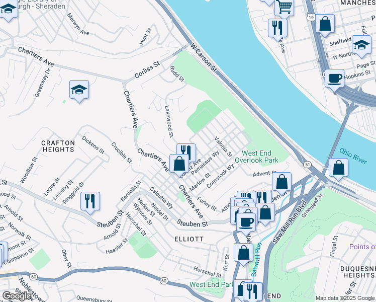 map of restaurants, bars, coffee shops, grocery stores, and more near 1036 Lakewood Street in Pittsburgh