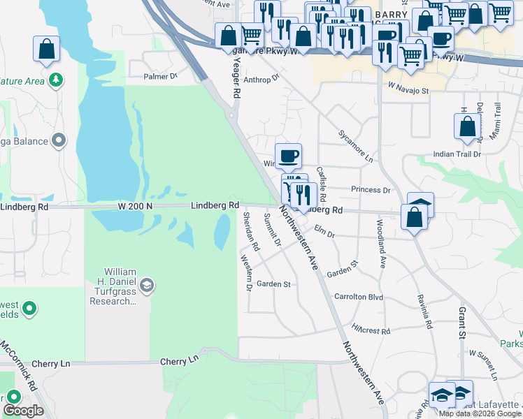 map of restaurants, bars, coffee shops, grocery stores, and more near 1217 Lindberg Rd in West Lafayette