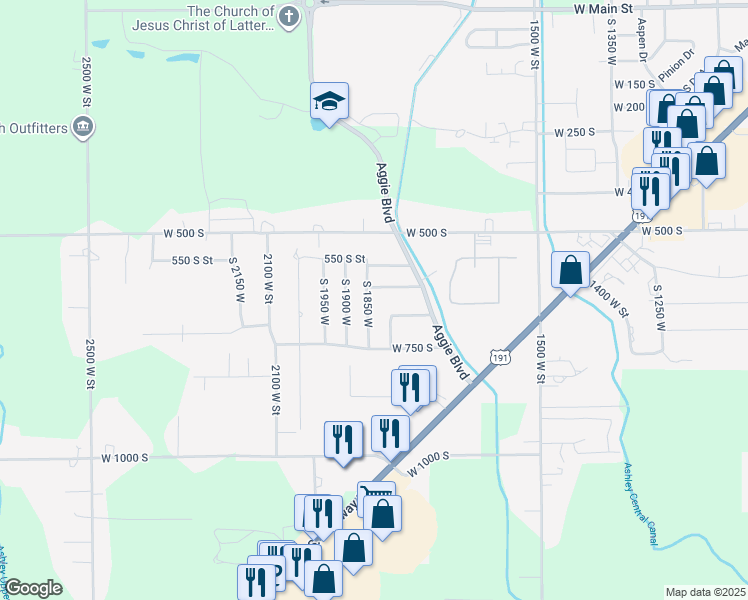 map of restaurants, bars, coffee shops, grocery stores, and more near 653 South 1850 West in Vernal