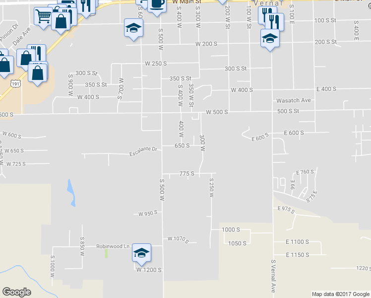 map of restaurants, bars, coffee shops, grocery stores, and more near 391 650 South in Vernal