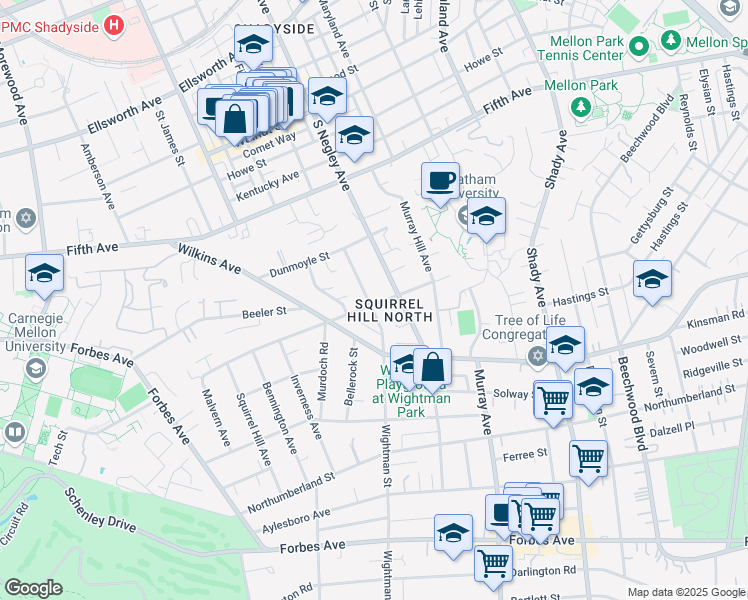 map of restaurants, bars, coffee shops, grocery stores, and more near 5603 Fair Oaks Street in Pittsburgh