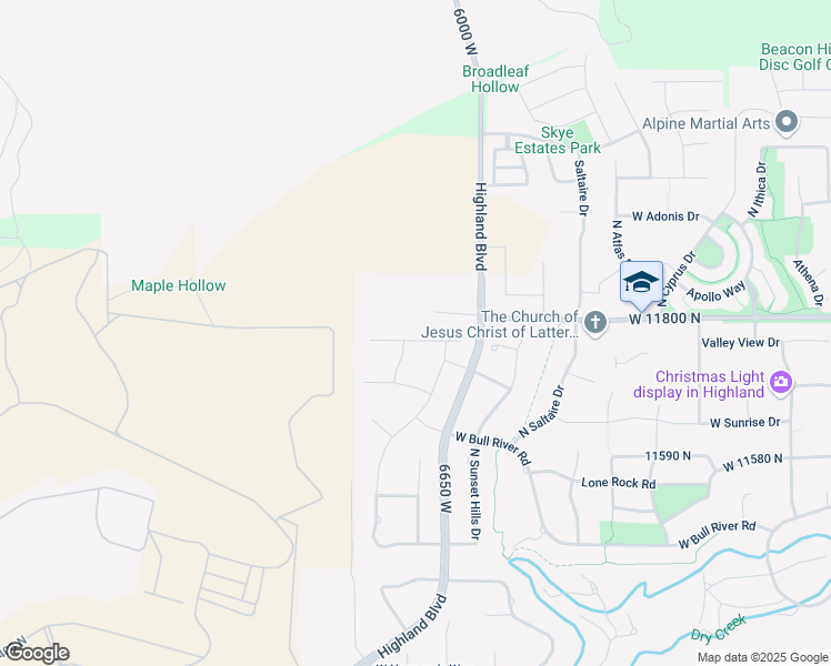 map of restaurants, bars, coffee shops, grocery stores, and more near 6702 Dry Creek Lane in Highland