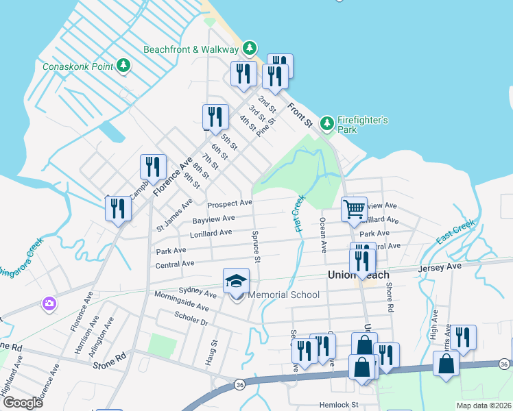 map of restaurants, bars, coffee shops, grocery stores, and more near 404 Prospect Avenue in Union Beach