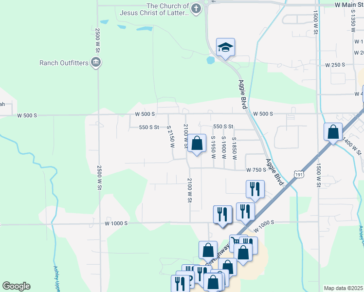 map of restaurants, bars, coffee shops, grocery stores, and more near 654 2100 West Street in Vernal