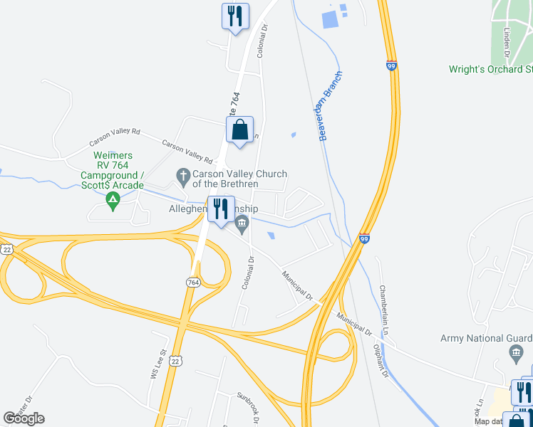 map of restaurants, bars, coffee shops, grocery stores, and more near 263 Brown Swiss Circle in Duncansville