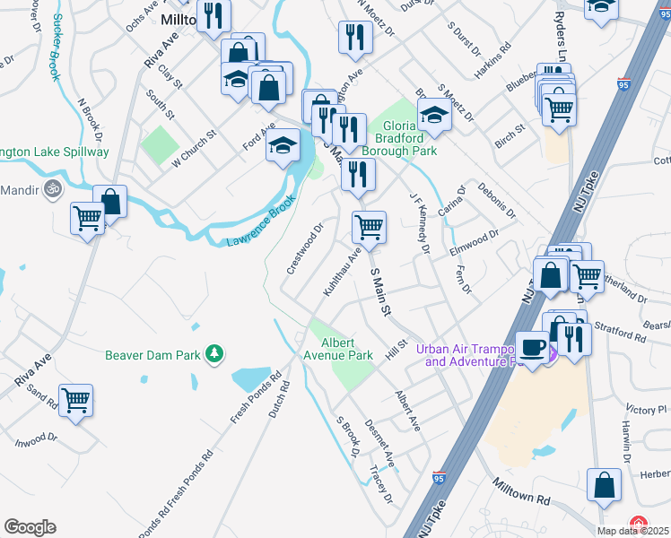 map of restaurants, bars, coffee shops, grocery stores, and more near 83 1st Street in Milltown