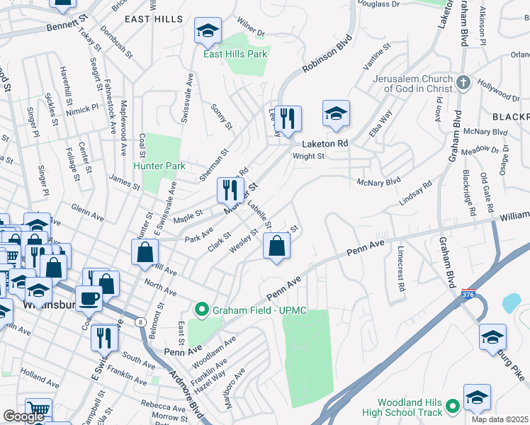 map of restaurants, bars, coffee shops, grocery stores, and more near 1309 Labelle Street in Pittsburgh