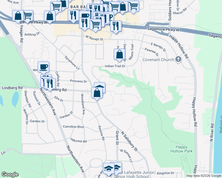 map of restaurants, bars, coffee shops, grocery stores, and more near 404 East Lindberg Avenue in West Lafayette