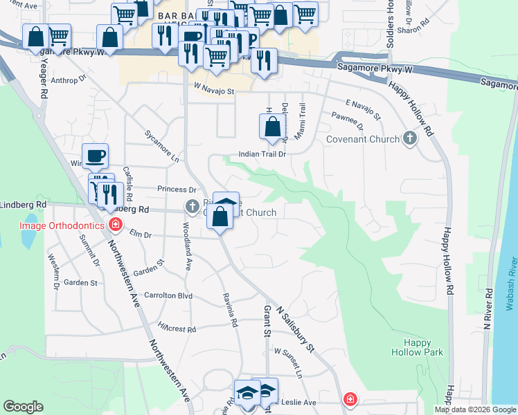 map of restaurants, bars, coffee shops, grocery stores, and more near 400 East Lindberg Avenue in West Lafayette