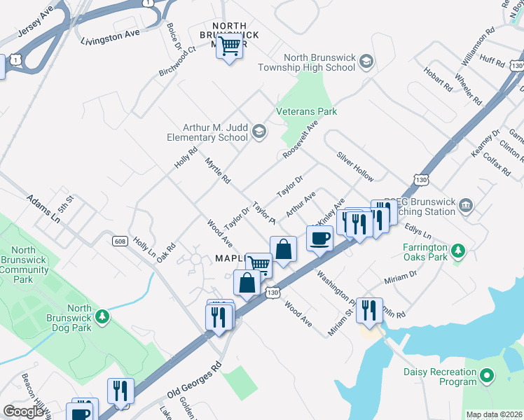 map of restaurants, bars, coffee shops, grocery stores, and more near 510 Taylor Place in North Brunswick Township