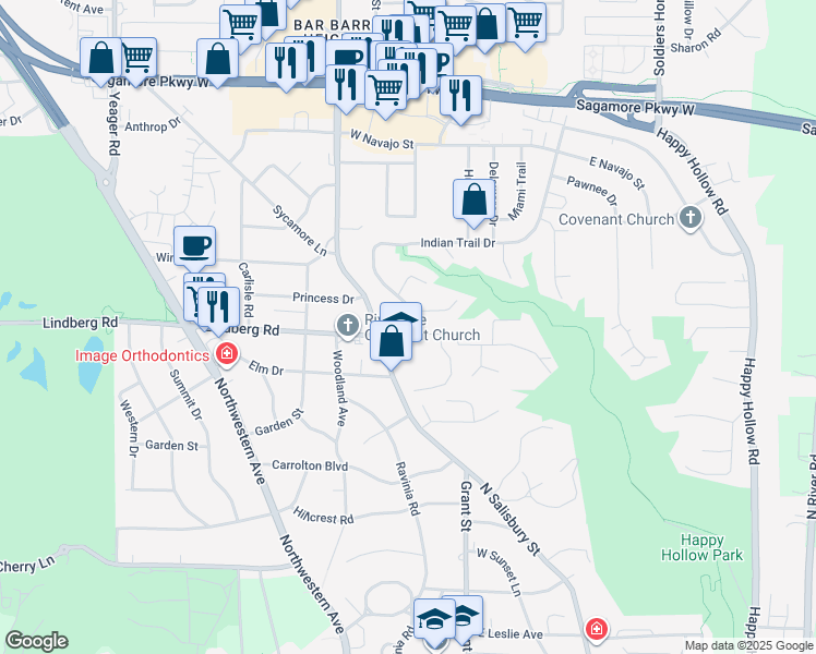 map of restaurants, bars, coffee shops, grocery stores, and more near 1901 Indian Trail Drive in West Lafayette