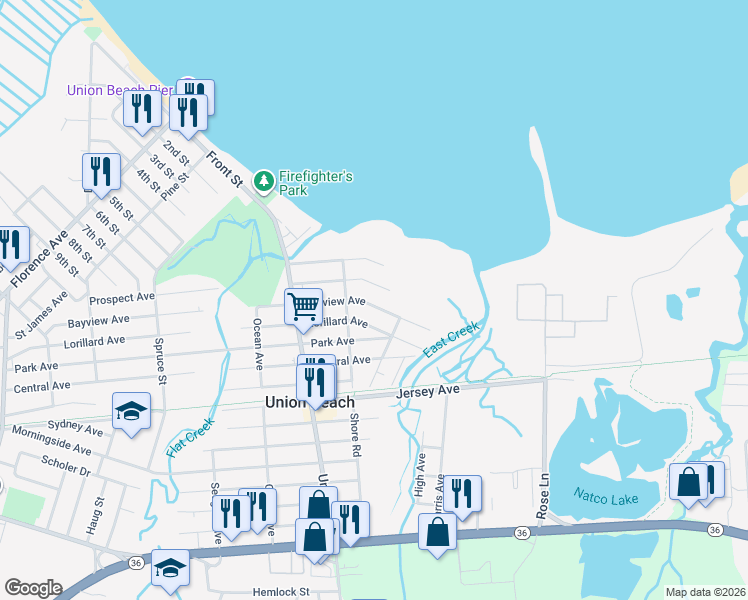 map of restaurants, bars, coffee shops, grocery stores, and more near 817 Bayview Avenue in Union Beach