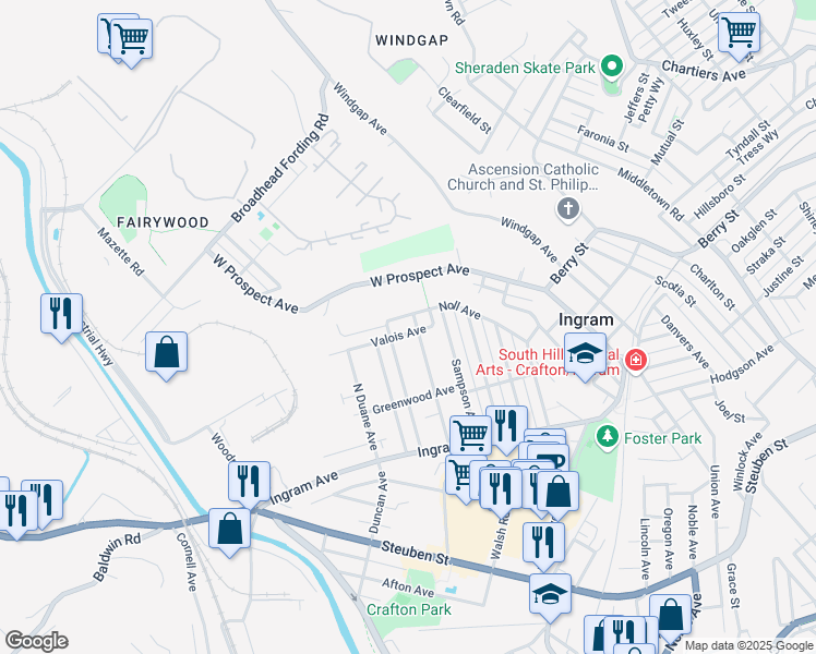 map of restaurants, bars, coffee shops, grocery stores, and more near 125 Linshaw Ave in Pittsburgh