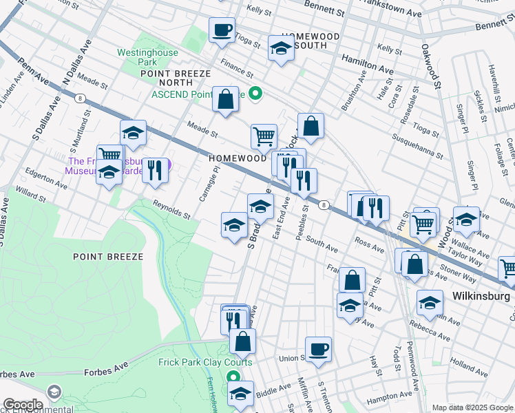 map of restaurants, bars, coffee shops, grocery stores, and more near 206 South Braddock Avenue in Pittsburgh