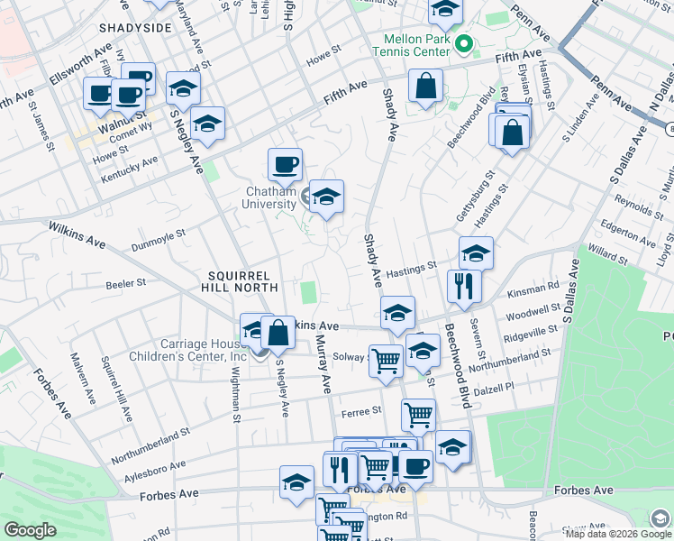 map of restaurants, bars, coffee shops, grocery stores, and more near 115 Woodland Road in Pittsburgh