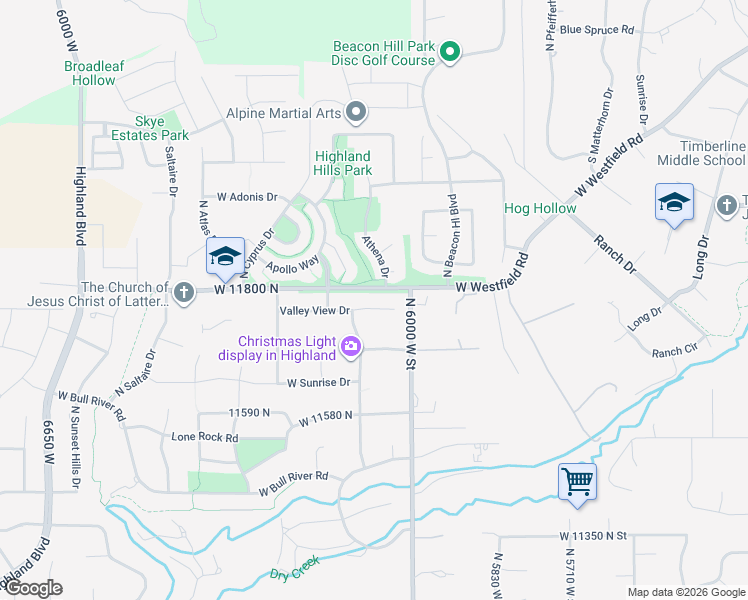 map of restaurants, bars, coffee shops, grocery stores, and more near 6066 Valley View Drive in Highland
